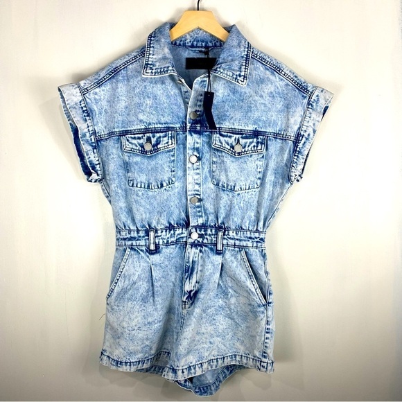 Blank NYC Head Backstage Acid Wash‎ One Piece Denim Jean Romper Size Small (NWT) - Picture 1 of 6